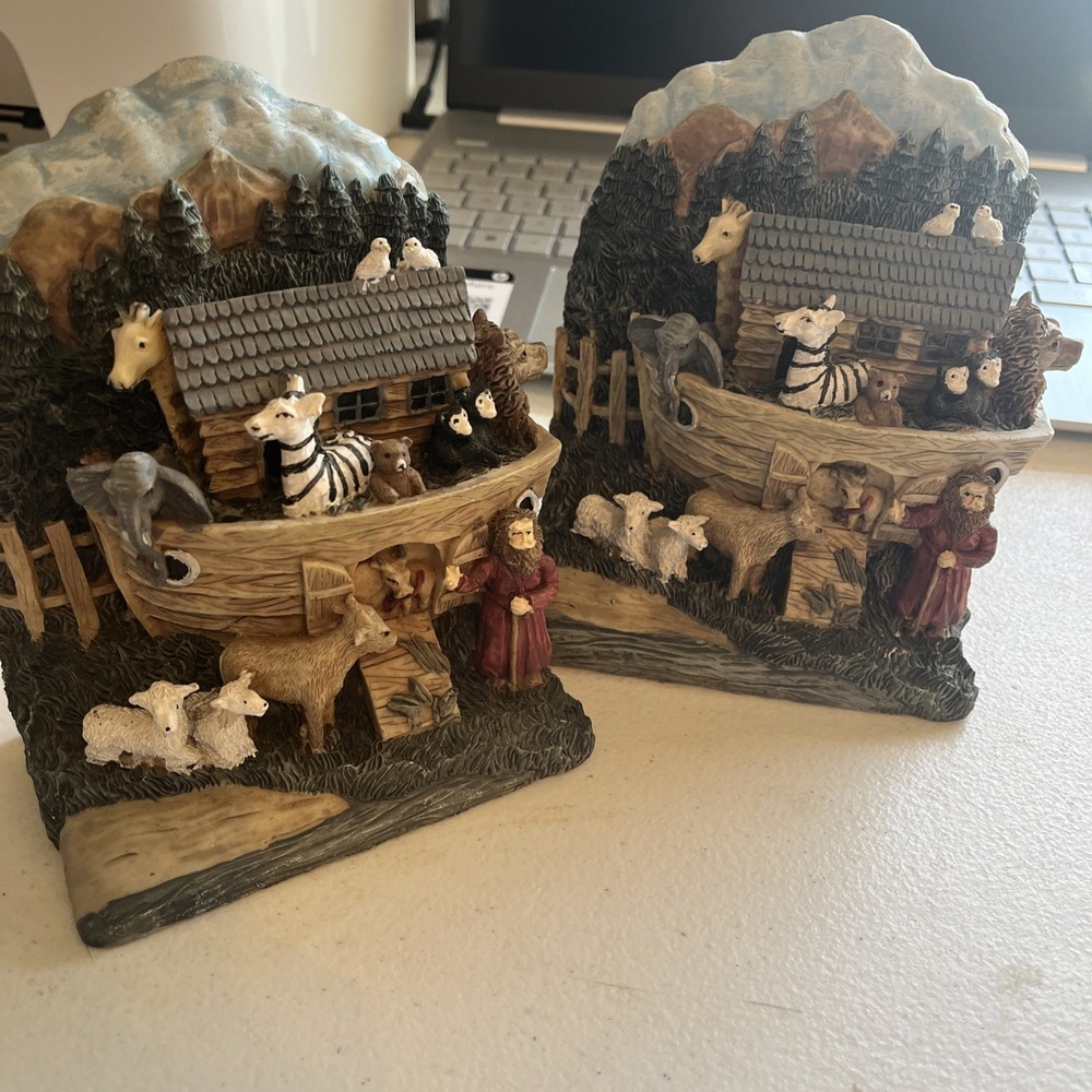 Noah's Ark Resin Hand Painted Book Ends Pre Owned